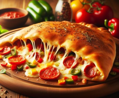 Pizza Calzone con pepperoni y verduras.